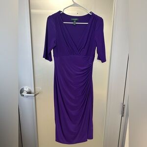 LAUREN Ralph Lauren Purple Ruched Faux Wrap Sheath V-Neck 3/4 Sleeve Sz 6